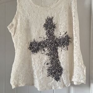 Cato Cream Lace Tank Top with Black Cross Graphic